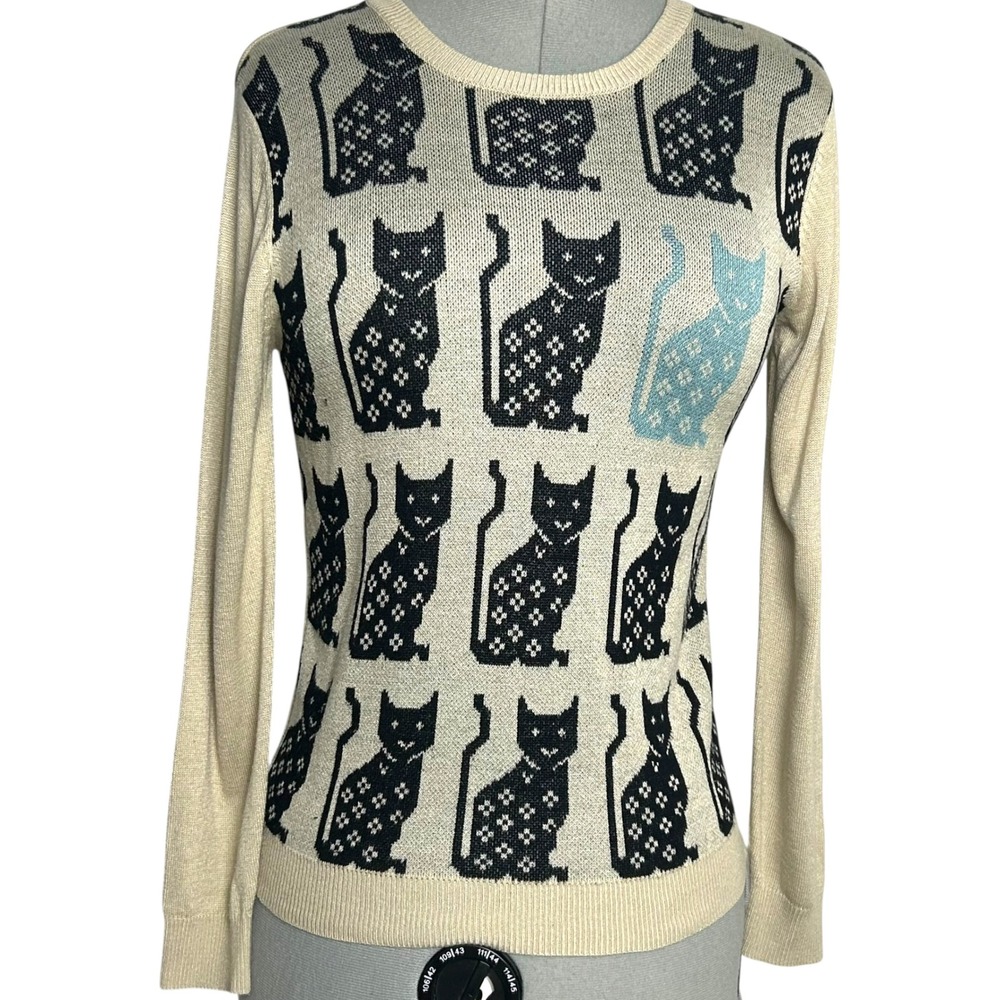 Pretty Vacant Cream Cat Print Knit Sweater Long Sleeve Crew Neck Size Medium